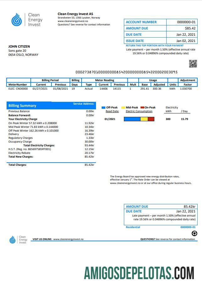 realista Noruega Clean Energy Invest AS modelo de conta de serviços públicos em formato Word e PDF, bom para comprovação de endereço